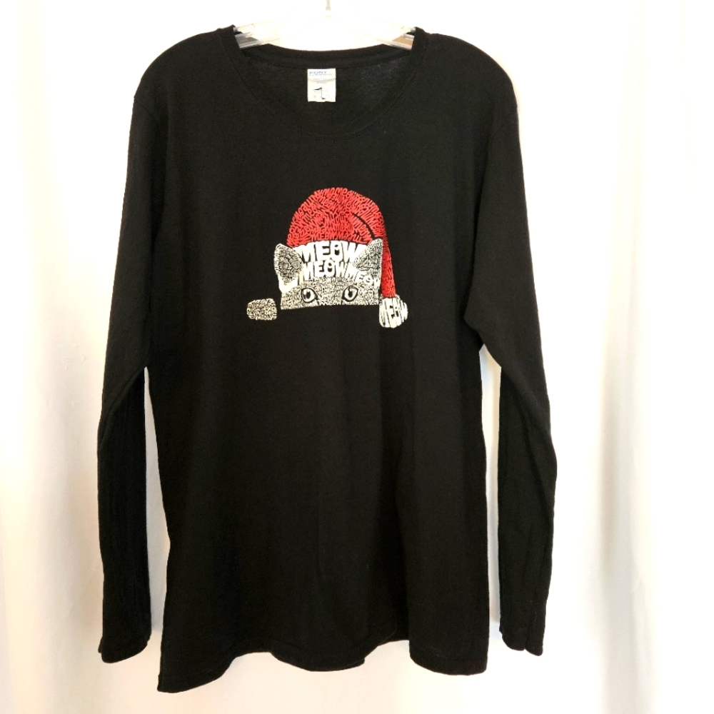 Peeking Cat~Meow~Christmas~Long Sleeve Black Tee Shirt~XL ‎ 🐈⬛️